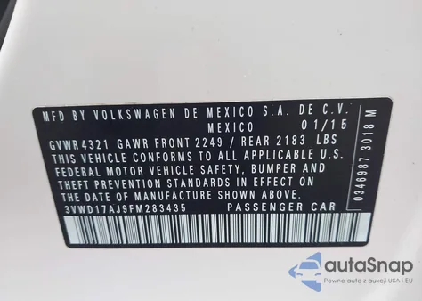 2015 Volkswagen Jetta 1.8T Se из США, поврежденный, VIN 3VWD17AJ9FM283435